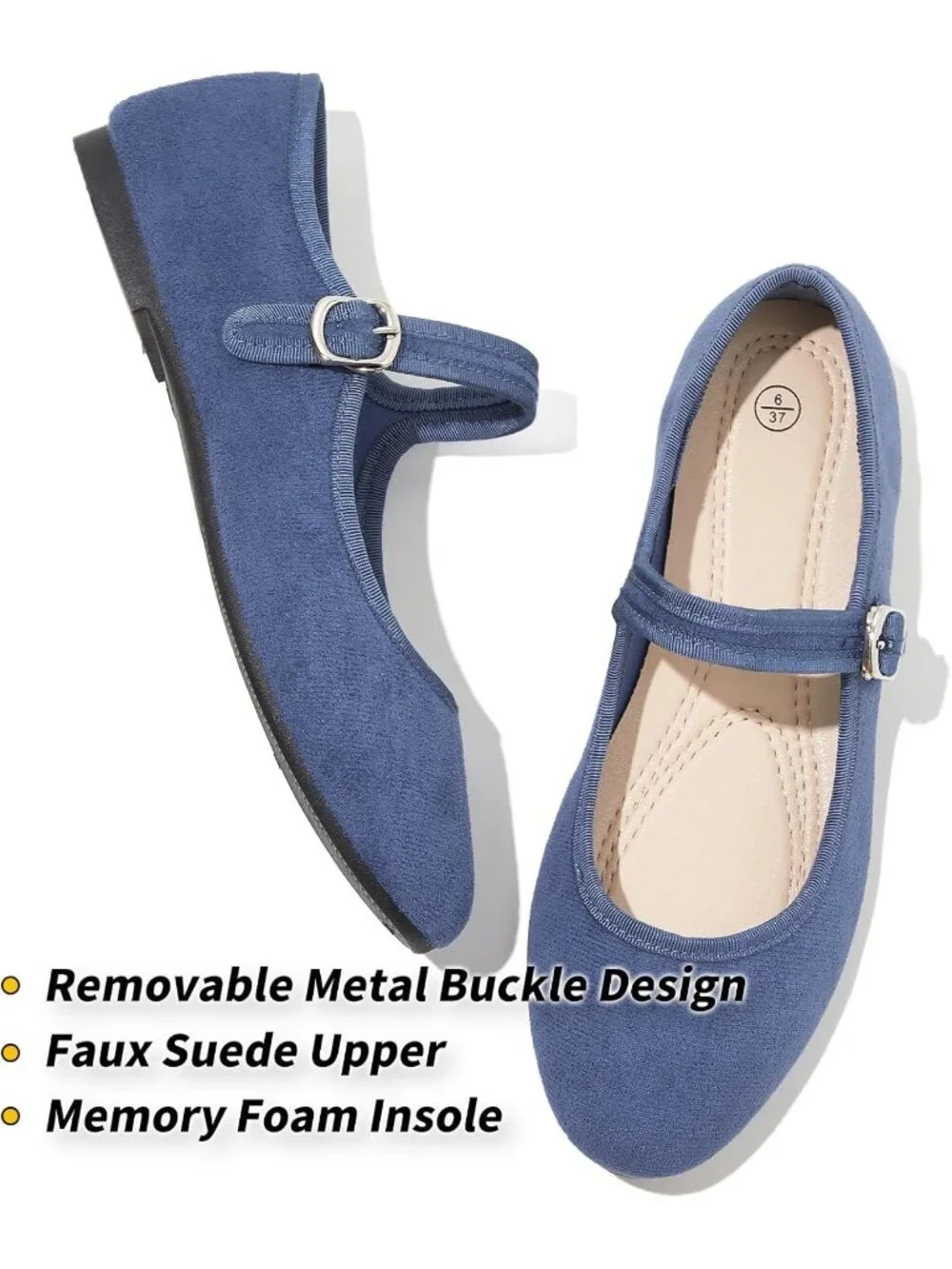 Women's Blue Mary Jane with Strap Faux Suede Black Flats Shoes Comfortable